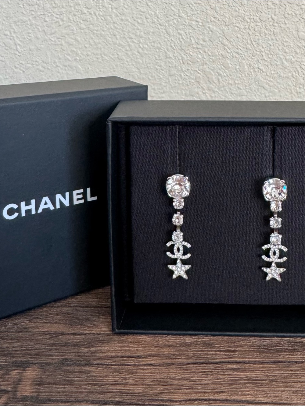 NEW CHANEL Silver Crystal CC Star Dangle Earrings